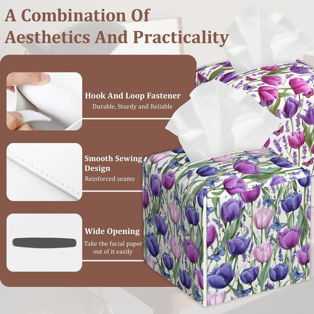 Pink Purple Tulip Lavender Flower Square Tissue Box Holder Waterproof Leather Facial Paper Organizer Dispenser for Bathroom Home Kitchen Car Nightstand Vanity Desk，2Pack