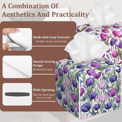 Pink Purple Tulip Lavender Flower Square Tissue Box Holder Waterproof Leather Facial Paper Organizer Dispenser for Bathroom Home Kitchen Car Nightstand Vanity Desk，2Pack
