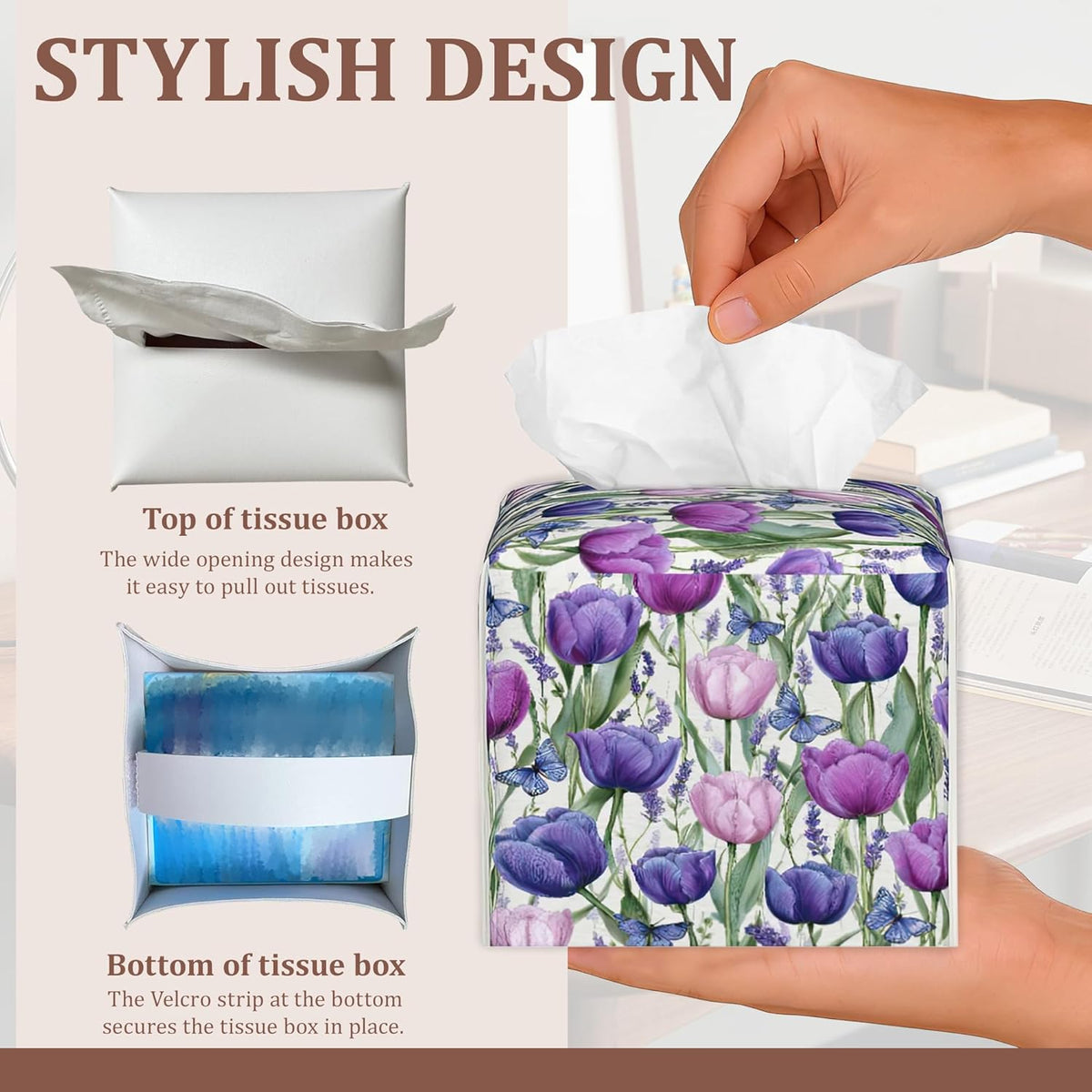 Pink Purple Tulip Lavender Flower Square Tissue Box Holder Waterproof Leather Facial Paper Organizer Dispenser for Bathroom Home Kitchen Car Nightstand Vanity Desk，2Pack