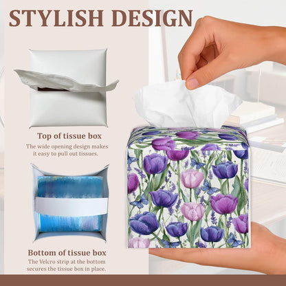 Pink Purple Tulip Lavender Flower Square Tissue Box Holder Waterproof Leather Facial Paper Organizer Dispenser for Bathroom Home Kitchen Car Nightstand Vanity Desk，2Pack