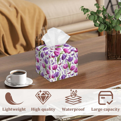 Pink Purple Tulip Lavender Flower Square Tissue Box Holder Waterproof Leather Facial Paper Organizer Dispenser for Bathroom Home Kitchen Car Nightstand Vanity Desk，2Pack