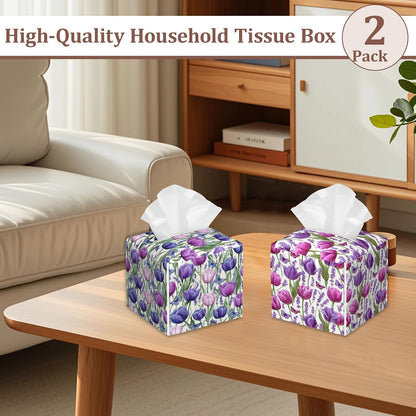 Pink Purple Tulip Lavender Flower Square Tissue Box Holder Waterproof Leather Facial Paper Organizer Dispenser for Bathroom Home Kitchen Car Nightstand Vanity Desk，2Pack