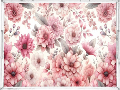 Pink Blooming Flowers Serving Tray 12" x 16" Acrylic Trays with Handles Decorative Serving Platter for Coffee, Breakfast in Bed, Dinner, Appetizers, Patio, Party