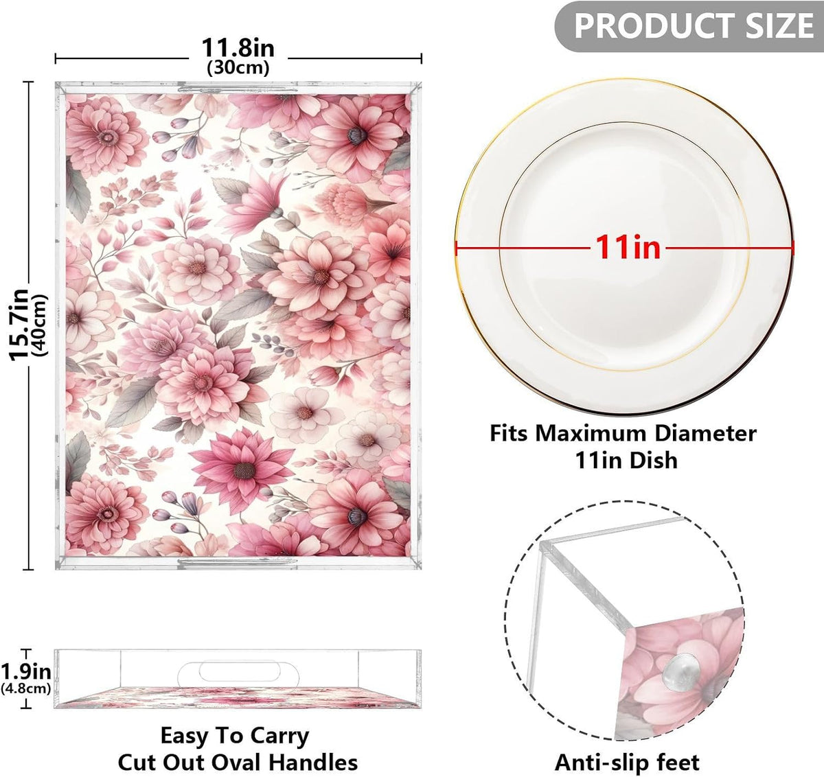 Pink Blooming Flowers Serving Tray 12" x 16" Acrylic Trays with Handles Decorative Serving Platter for Coffee, Breakfast in Bed, Dinner, Appetizers, Patio, Party