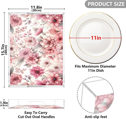 Pink Blooming Flowers Serving Tray 12" x 16" Acrylic Trays with Handles Decorative Serving Platter for Coffee, Breakfast in Bed, Dinner, Appetizers, Patio, Party