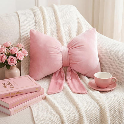 Pink Christmas Velvet Bow Pillow Large Pink Throw Pillow 18" x 18"
