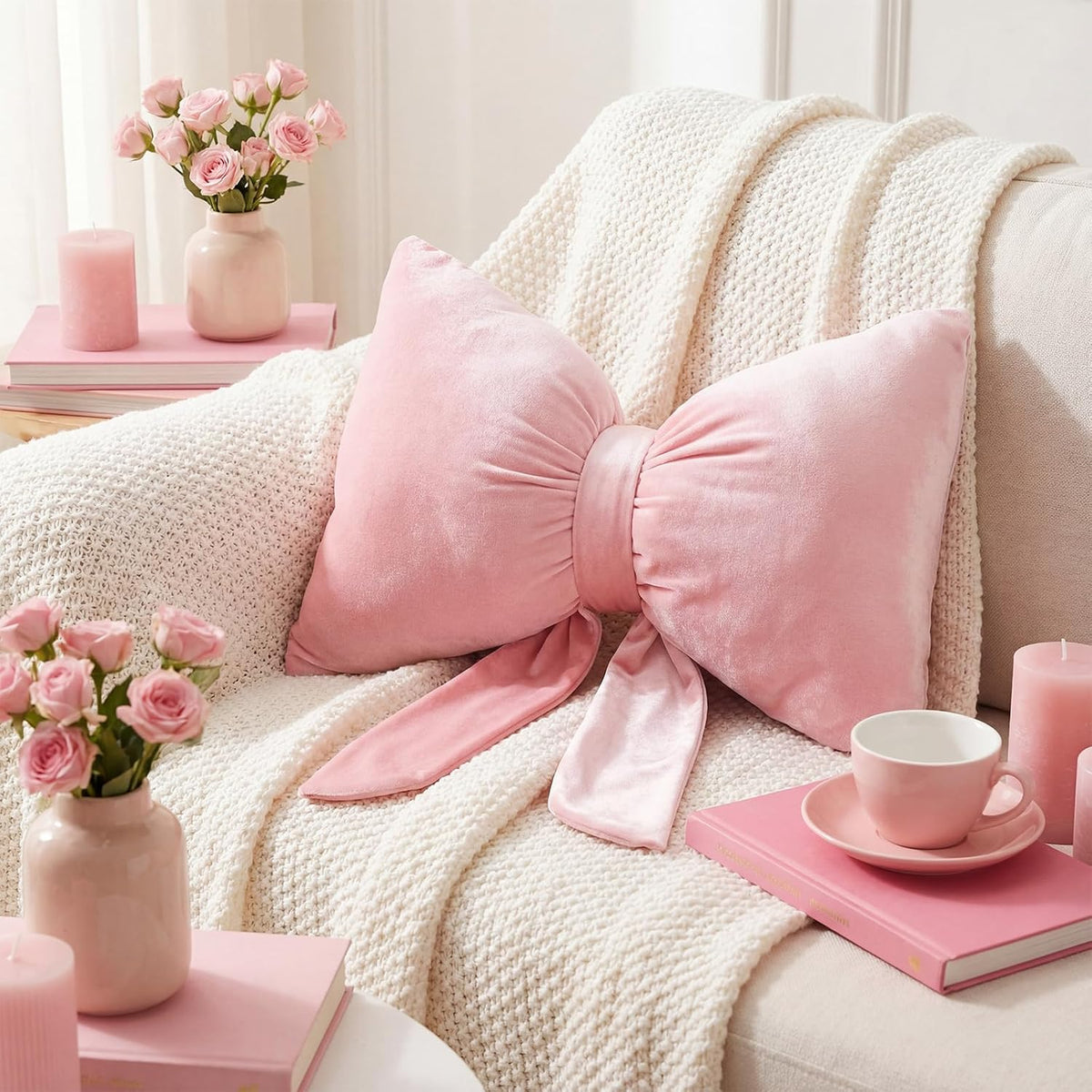 Pink Christmas Velvet Bow Pillow Large Pink Throw Pillow 18" x 18"