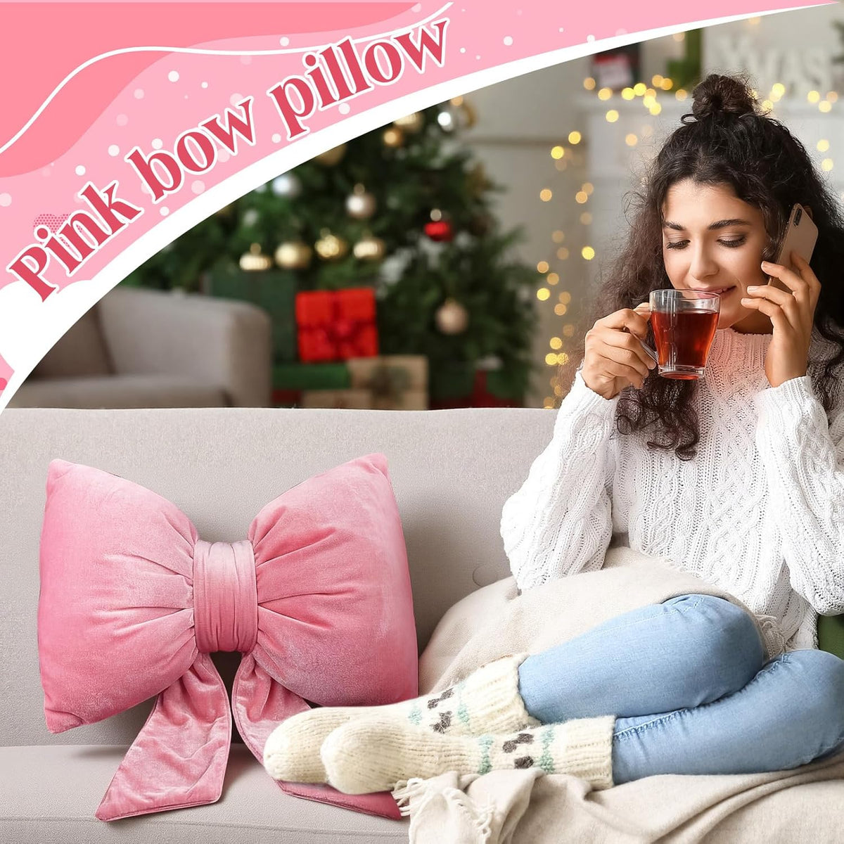 Pink Christmas Velvet Bow Pillow Large Pink Throw Pillow 18" x 18"