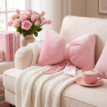 Pink Christmas Velvet Bow Pillow Large Pink Throw Pillow 18" x 18"