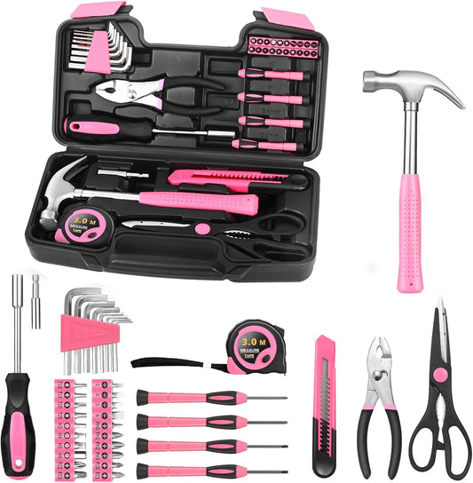 39-Piece Household Tool Set, Pink Tool Kit for Women with Toolbox