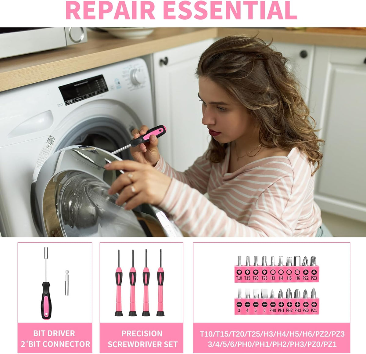 39-Piece Household Tool Set, Pink Tool Kit for Women with Toolbox
