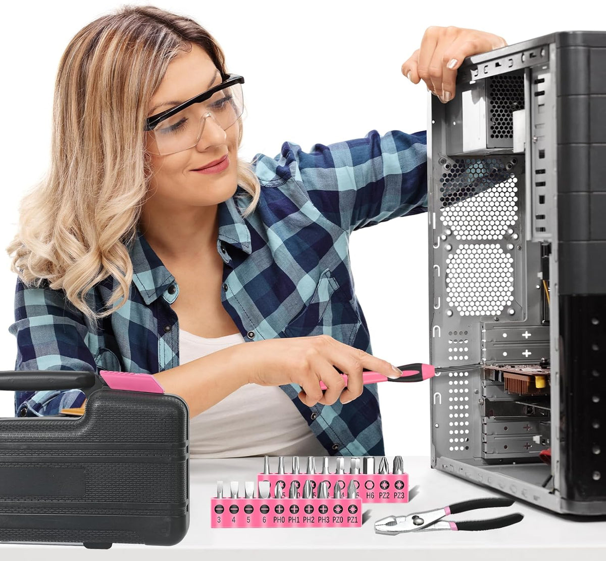 39-Piece Household Tool Set, Pink Tool Kit for Women with Toolbox