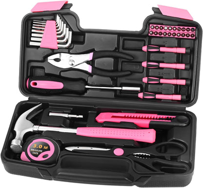 39-Piece Household Tool Set, Pink Tool Kit for Women with Toolbox
