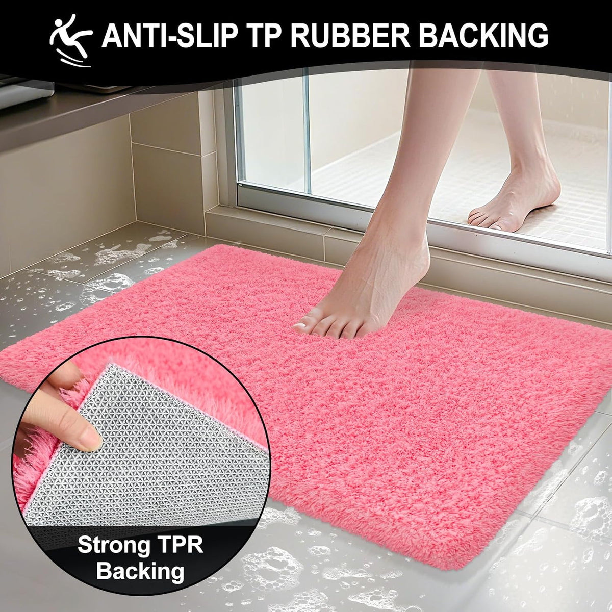Bathroom Rugs 24"x17", Pink Extra Soft Absorbent Bath Mat, Rubber Backing Quick Dry, Machine Washable Microfiber Bath Rugs for Bathroom Floor, Shower, Bedroom, Tu