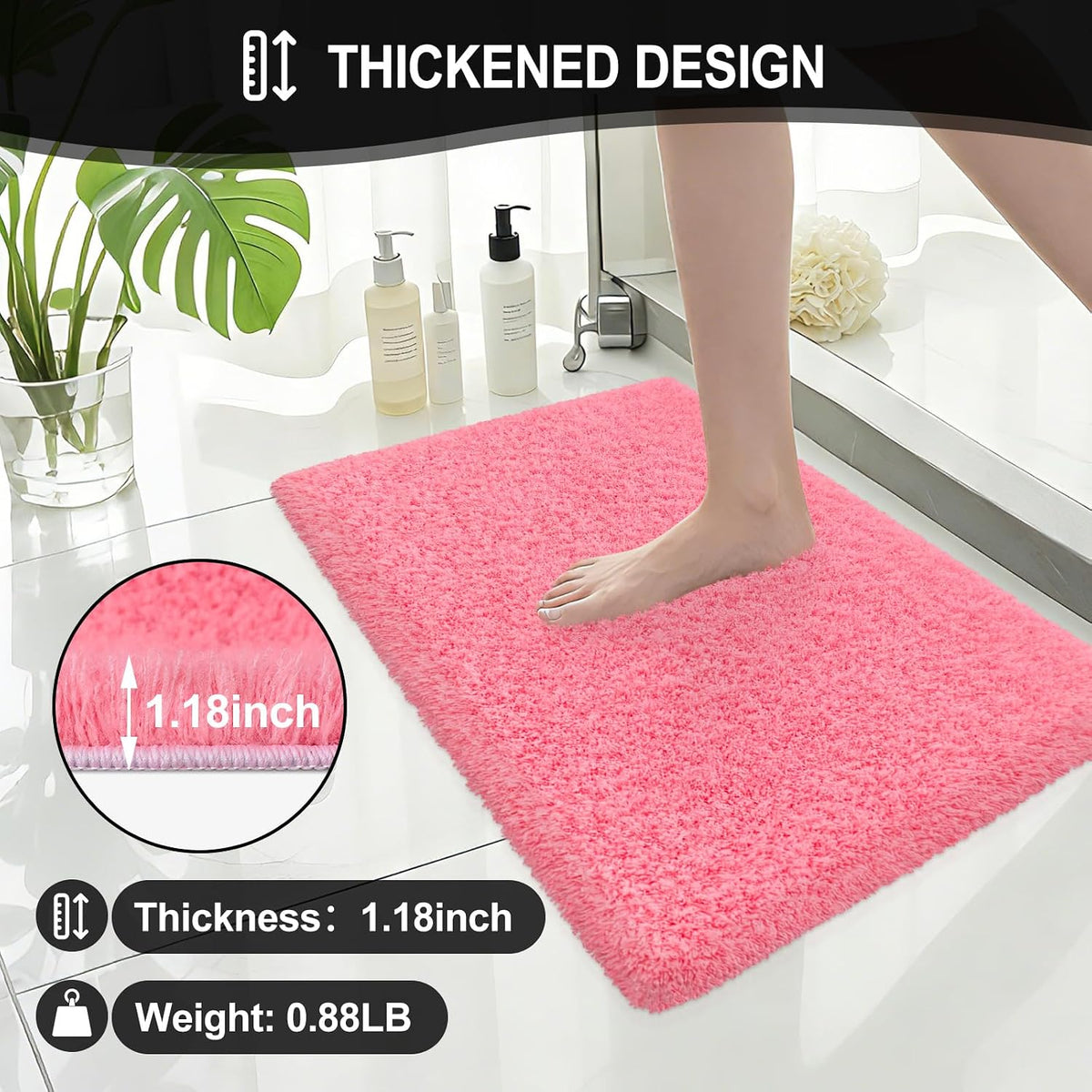 Bathroom Rugs 24"x17", Pink Extra Soft Absorbent Bath Mat, Rubber Backing Quick Dry, Machine Washable Microfiber Bath Rugs for Bathroom Floor, Shower, Bedroom, Tu