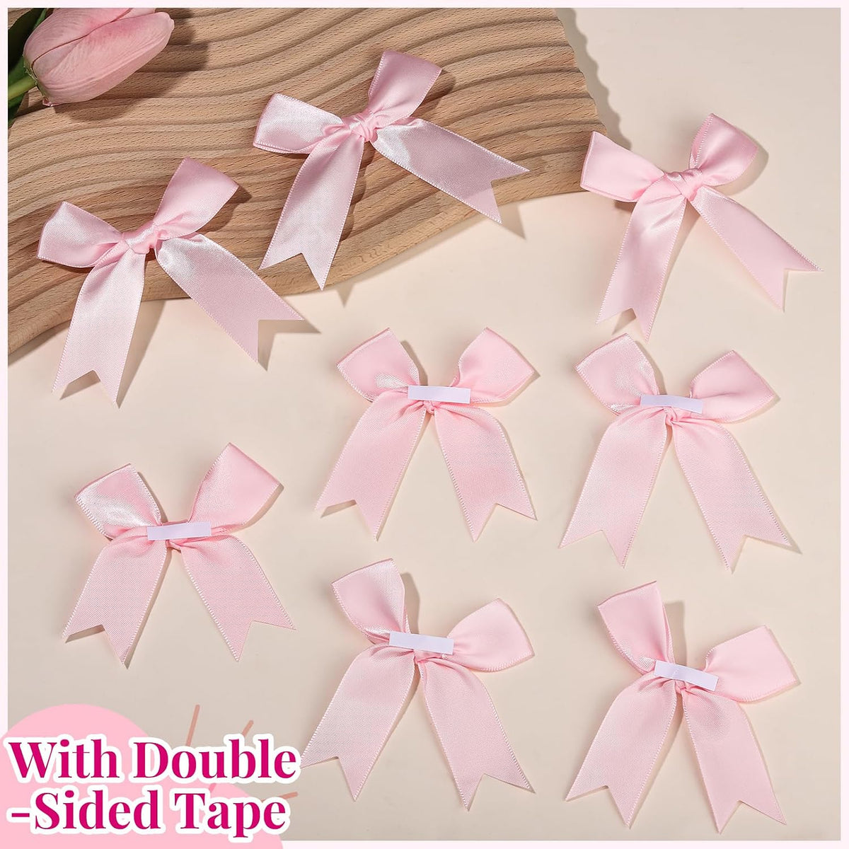 Pink Bows, Satin Self Adhesive Pink Ribbon Bows for Crafts, Baby Pink Bow with Double-Sided Tape, Small Bows for Gift Wrapping, Wedding Decor, Party Favors