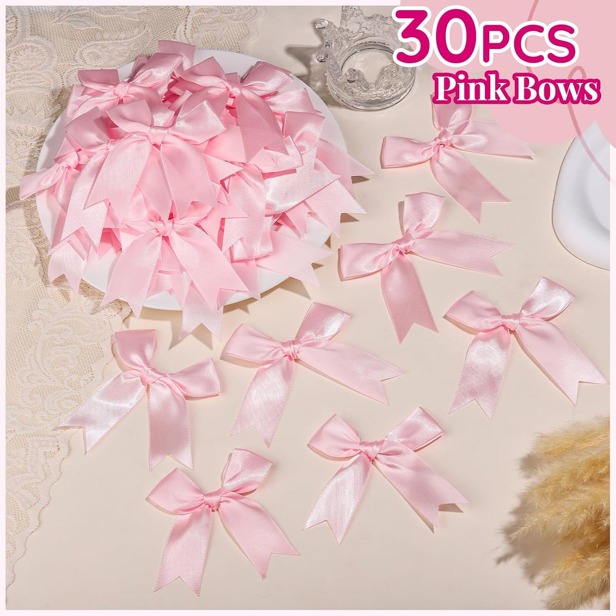 Pink Bows, Satin Self Adhesive Pink Ribbon Bows for Crafts, Baby Pink Bow with Double-Sided Tape, Small Bows for Gift Wrapping, Wedding Decor, Party Favors