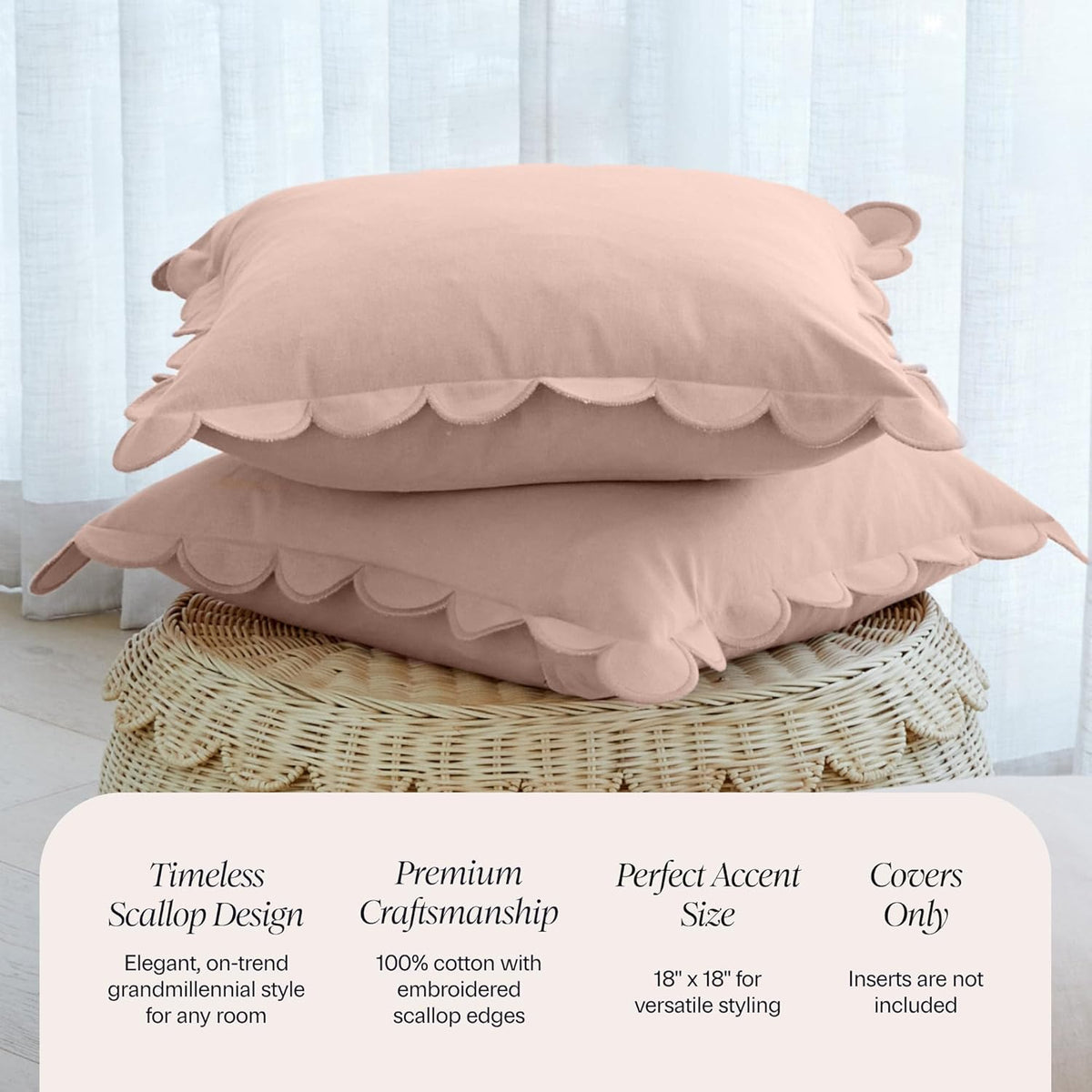 Scalloped Pillow Cover Set of 2, 18x18, Cotton - Peach Pink