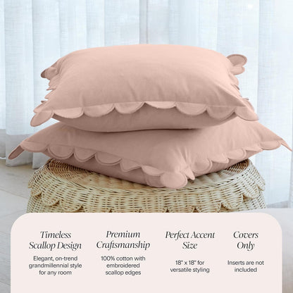 Scalloped Pillow Cover Set of 2, 18x18, Cotton - Peach Pink