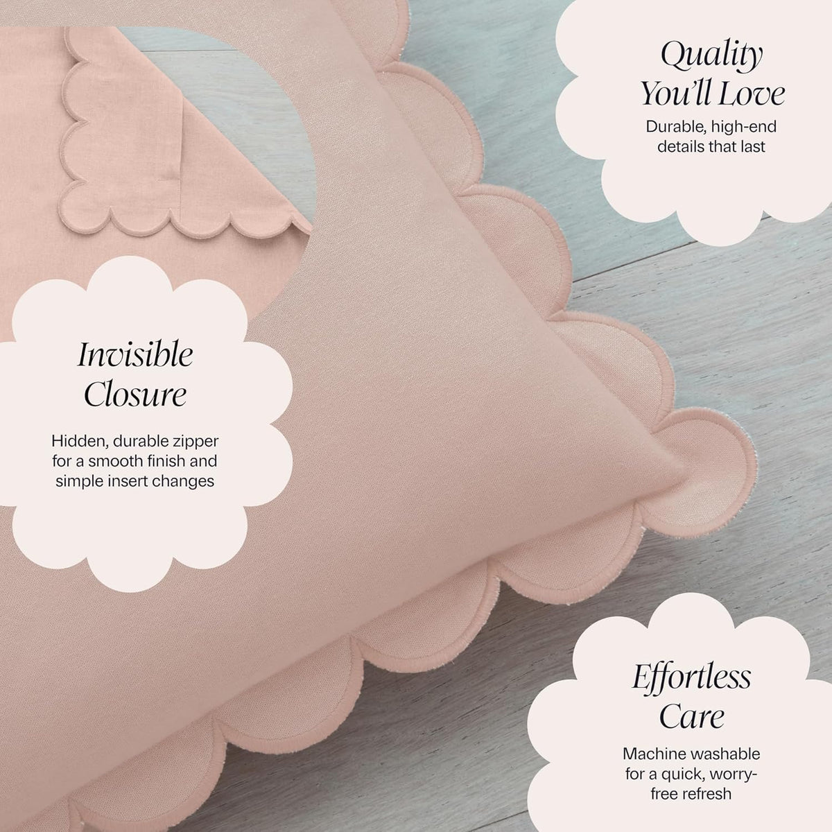 Scalloped Pillow Cover Set of 2, 18x18, Cotton - Peach Pink