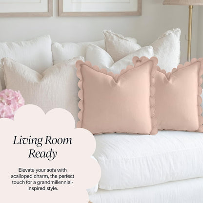Scalloped Pillow Cover Set of 2, 18x18, Cotton - Peach Pink
