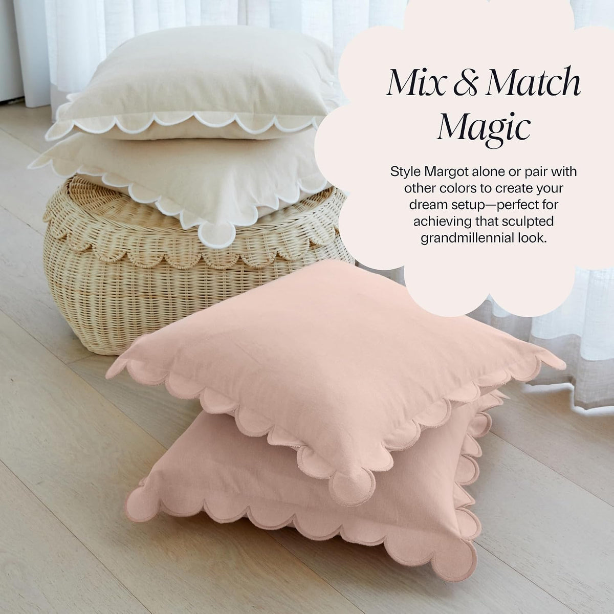 Scalloped Pillow Cover Set of 2, 18x18, Cotton - Peach Pink