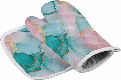 Quilted Cotton Terry Cloth Oven Mitt, Pot Holder Light Pink Green Marble 2-Pack Kitchen Set, Heat insulation, Silicone Grip, Gift Set