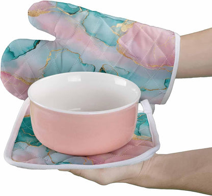 Quilted Cotton Terry Cloth Oven Mitt, Pot Holder Light Pink Green Marble 2-Pack Kitchen Set, Heat insulation, Silicone Grip, Gift Set