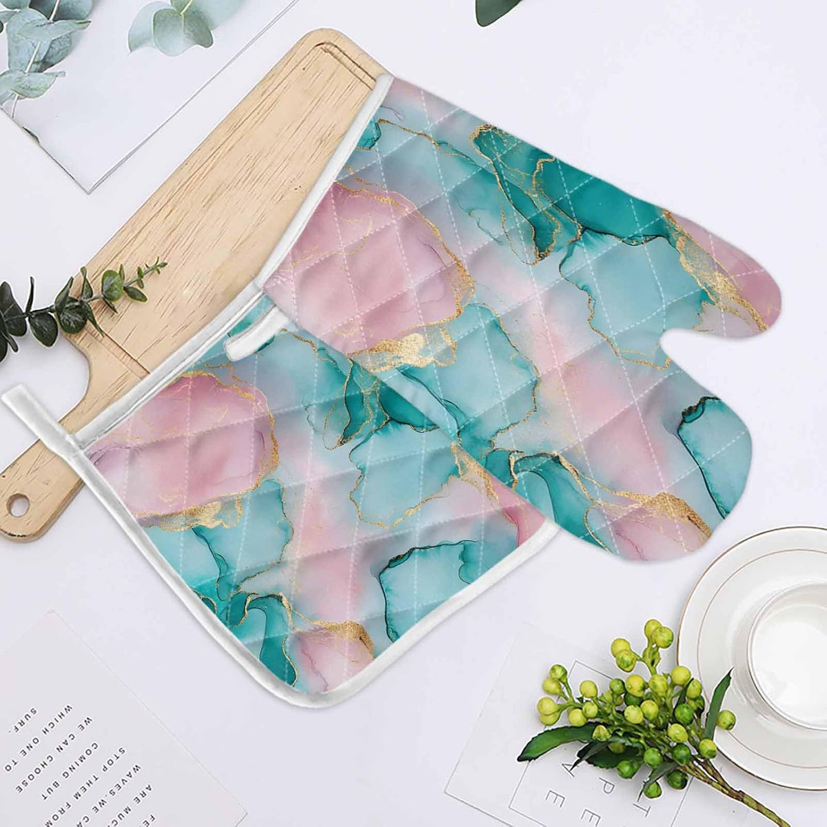 Quilted Cotton Terry Cloth Oven Mitt, Pot Holder Light Pink Green Marble 2-Pack Kitchen Set, Heat insulation, Silicone Grip, Gift Set