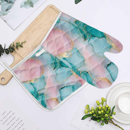 Quilted Cotton Terry Cloth Oven Mitt, Pot Holder Light Pink Green Marble 2-Pack Kitchen Set, Heat insulation, Silicone Grip, Gift Set