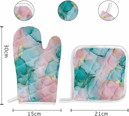 Quilted Cotton Terry Cloth Oven Mitt, Pot Holder Light Pink Green Marble 2-Pack Kitchen Set, Heat insulation, Silicone Grip, Gift Set