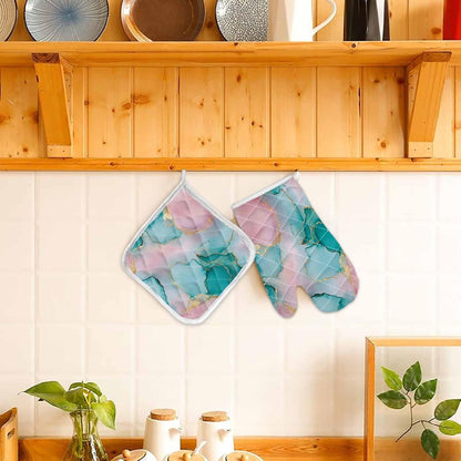 Quilted Cotton Terry Cloth Oven Mitt, Pot Holder Light Pink Green Marble 2-Pack Kitchen Set, Heat insulation, Silicone Grip, Gift Set