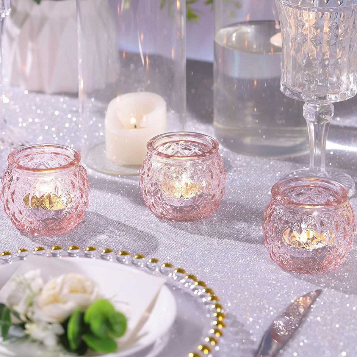 12 Pcs Pink Votive Candle Holders Round Glass Candle Holders