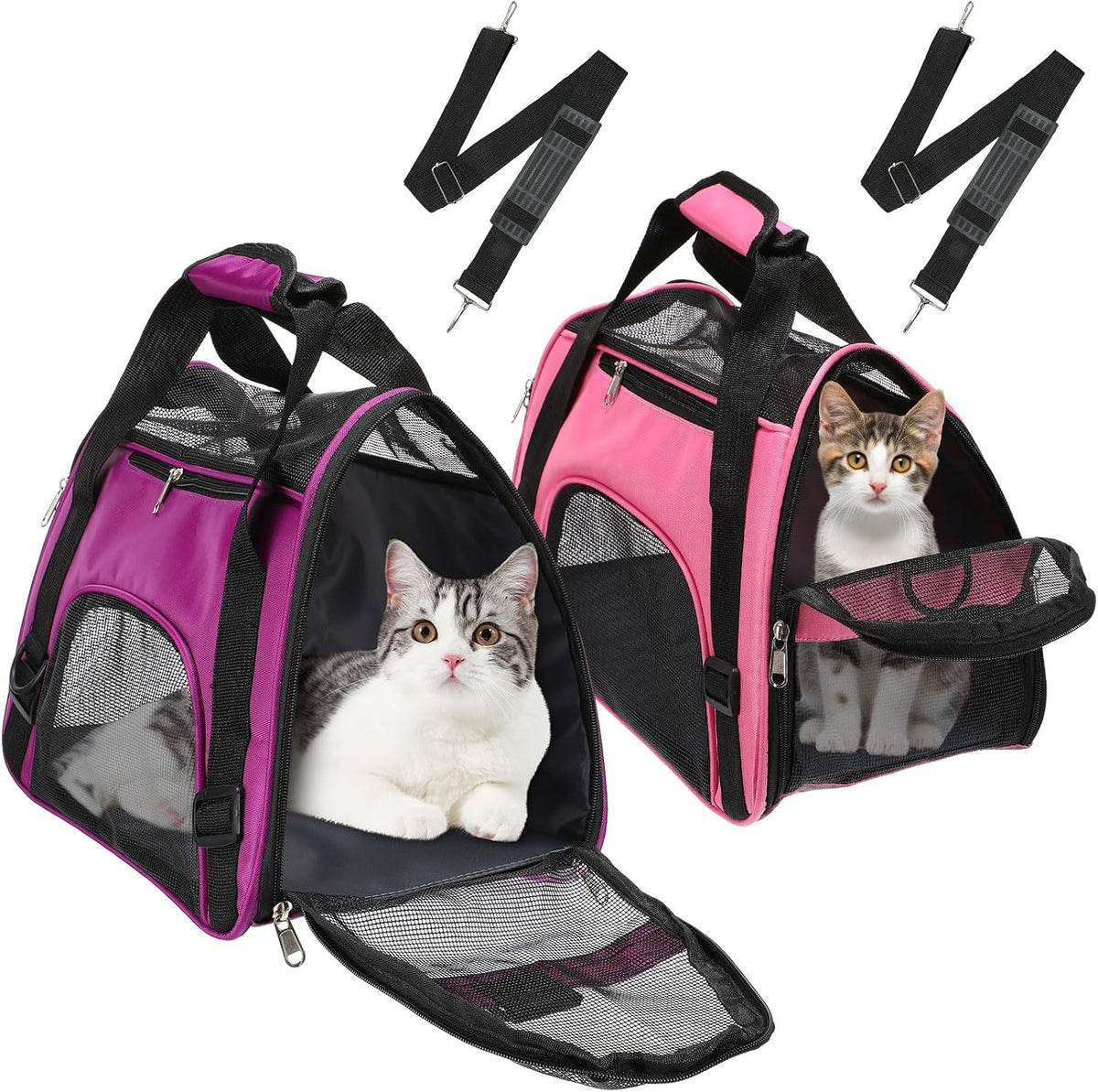 2 Pcs Pet Carrier for Cat Soft Sided Travel Bag, M, Pink, Purple