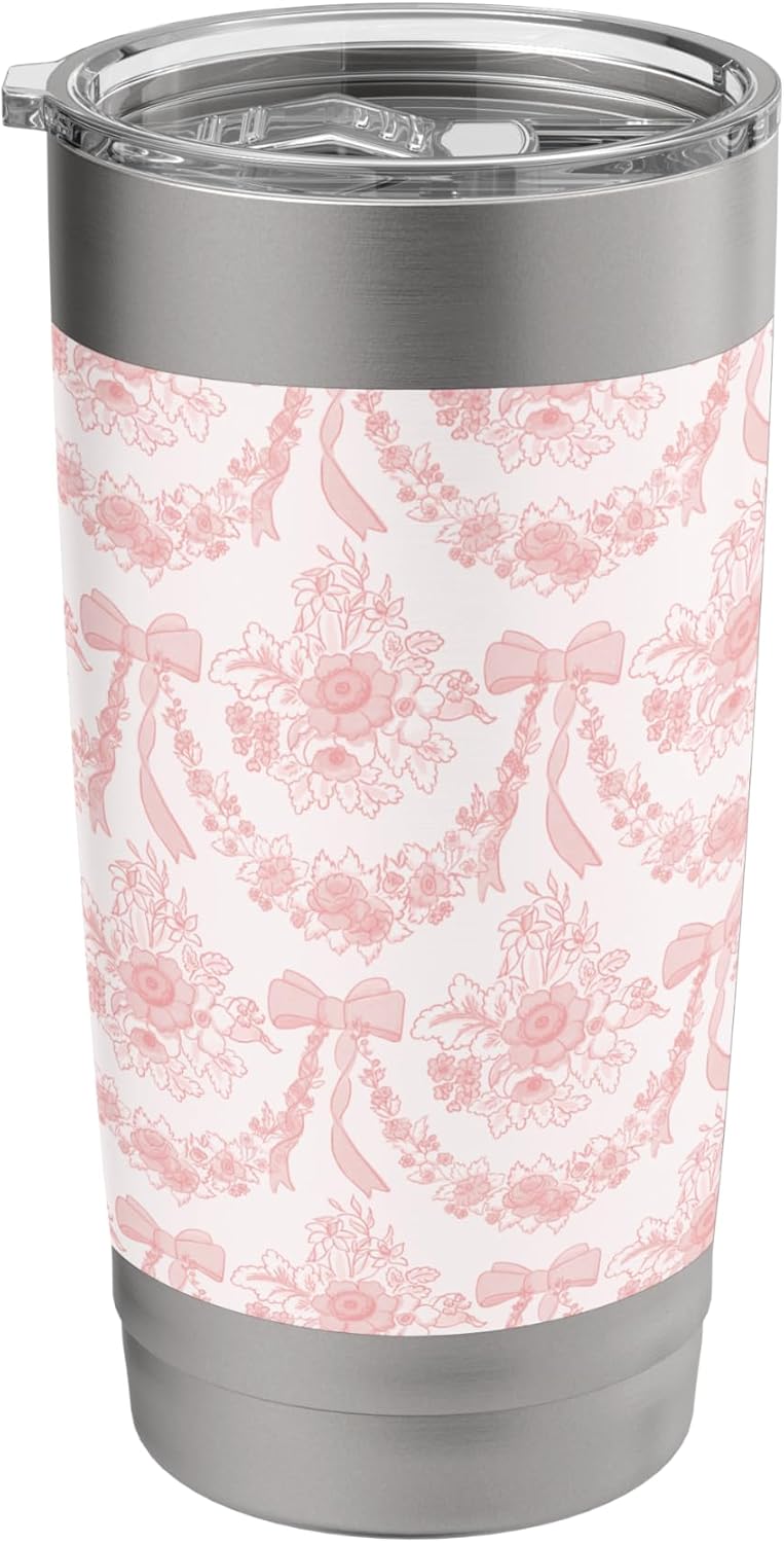 Coquette Coral Peach Flowers and Bows Floral Pattern Stainless Steel Insulated Tumbler