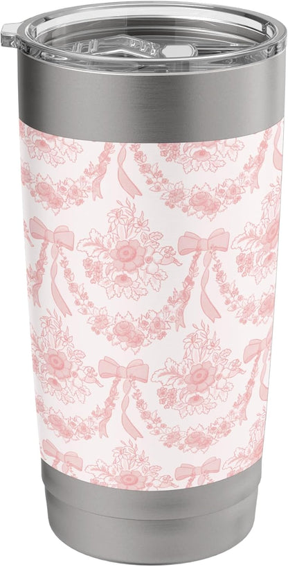 Coquette Coral Peach Flowers and Bows Floral Pattern Stainless Steel Insulated Tumbler