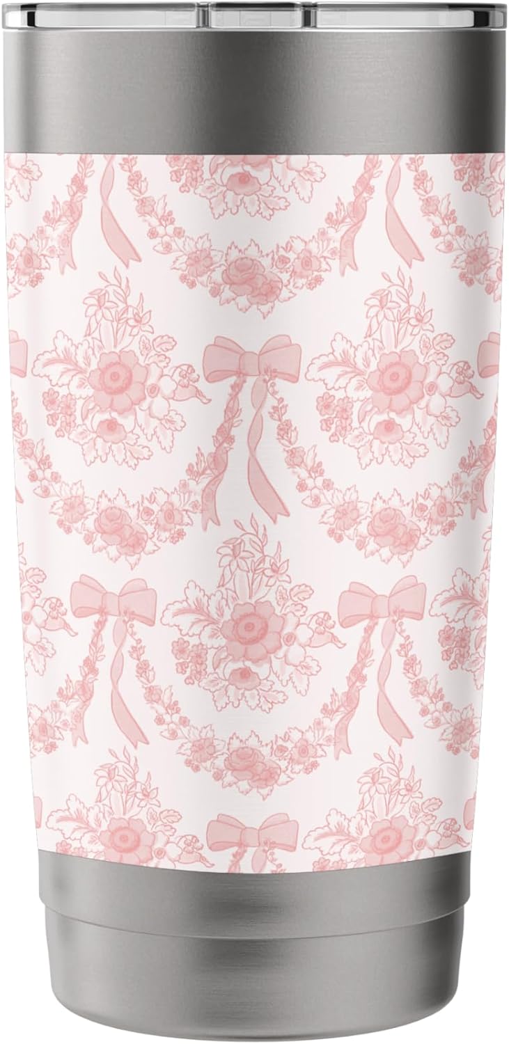 Coquette Coral Peach Flowers and Bows Floral Pattern Stainless Steel Insulated Tumbler