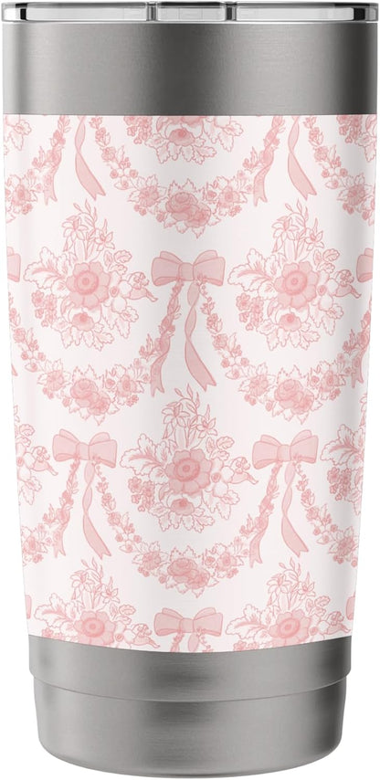 Coquette Coral Peach Flowers and Bows Floral Pattern Stainless Steel Insulated Tumbler