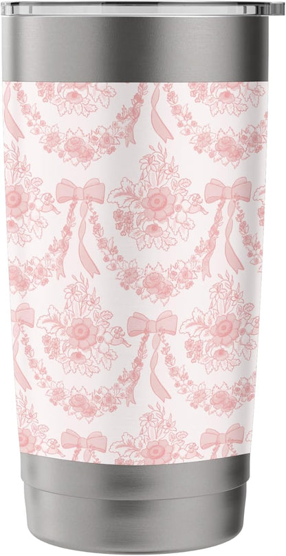 Coquette Coral Peach Flowers and Bows Floral Pattern Stainless Steel Insulated Tumbler