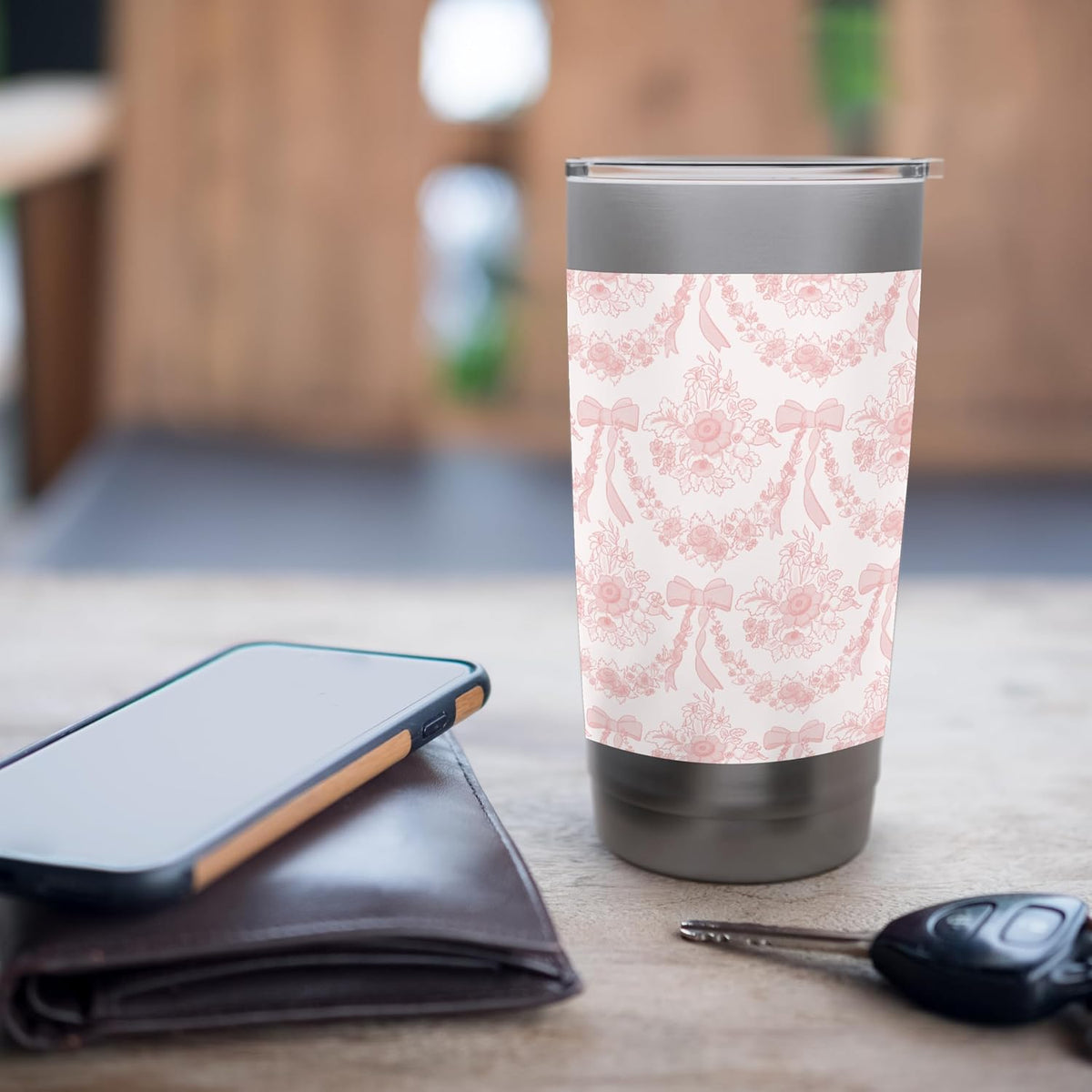 Coquette Coral Peach Flowers and Bows Floral Pattern Stainless Steel Insulated Tumbler