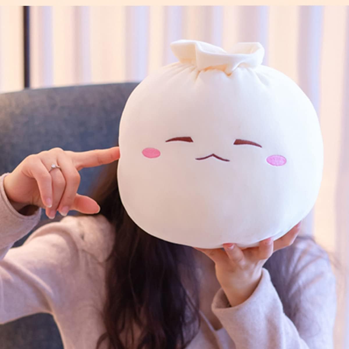 Dumpling Plush Pillow with Cute Features, Stuffed Bun Plush, Funny Food Toy Gifts for Kids Adults(6.3 * 12.2in,Frown)