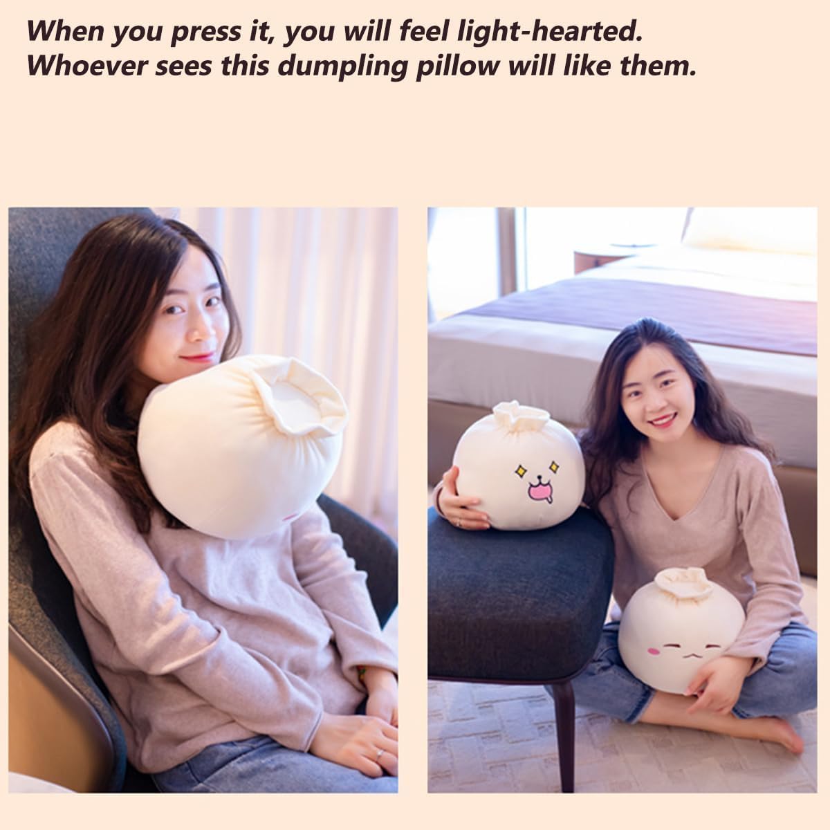 Dumpling Plush Pillow with Cute Features, Stuffed Bun Plush, Funny Food Toy Gifts for Kids Adults(6.3 * 12.2in,Frown)