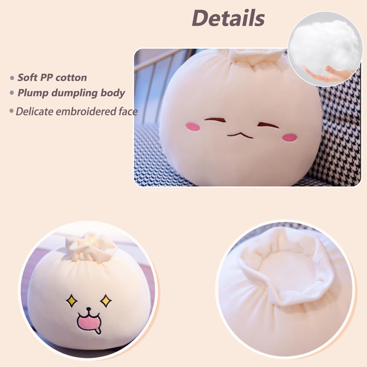 Dumpling Plush Pillow with Cute Features, Stuffed Bun Plush, Funny Food Toy Gifts for Kids Adults(6.3 * 12.2in,Frown)