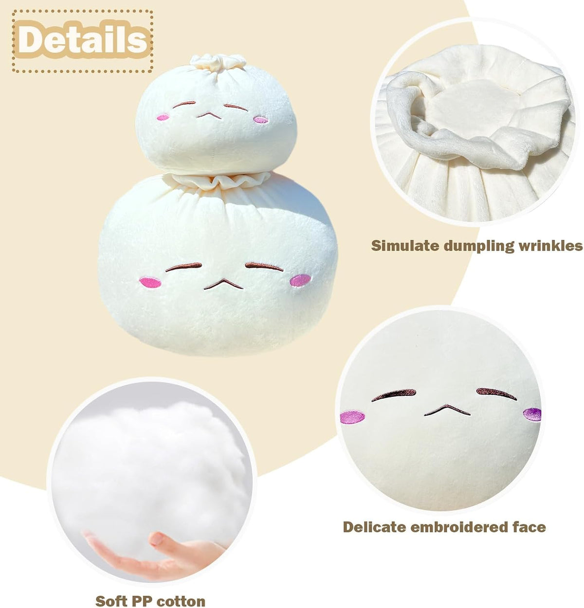 Dumpling Plush Pillow with Cute Features, Stuffed Bun Plush, Funny Food Toy Gifts for Kids Adults(6.3 * 12.2in,Frown)