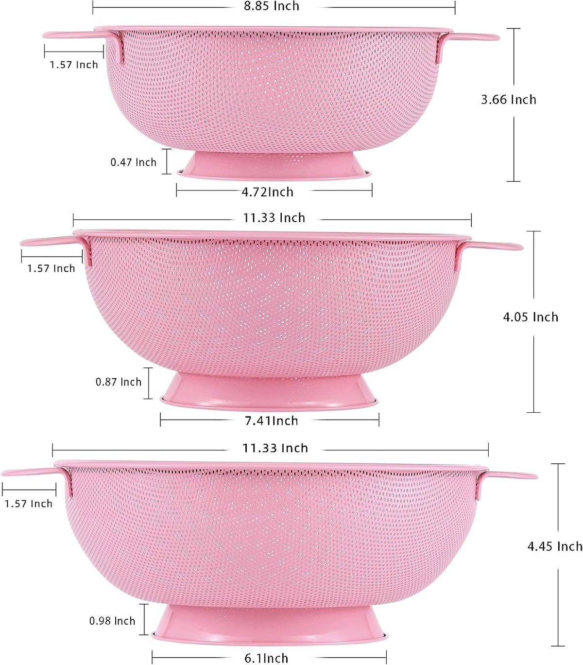 Stainless Steel Colander 3 Piece,Metal Strainer Basket with Solid Base and Handles for Kitchen Food,Pasta, Noodles, Vegetables and Fruits,Powder Coated,BPA Free,Dishwasher Safe,2 & 3 & 4.5 Qt (Pink)