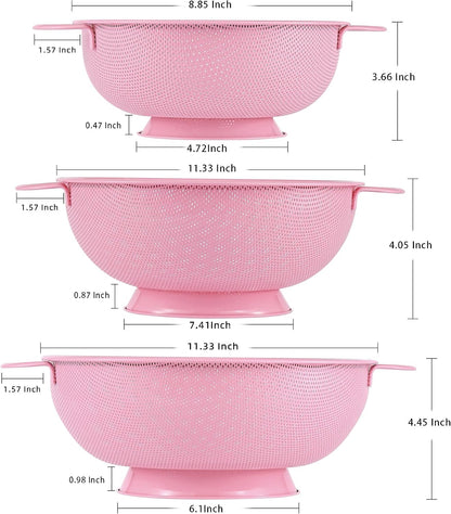 Stainless Steel Colander 3 Piece,Metal Strainer Basket with Solid Base and Handles for Kitchen Food,Pasta, Noodles, Vegetables and Fruits,Powder Coated,BPA Free,Dishwasher Safe,2 & 3 & 4.5 Qt (Pink)