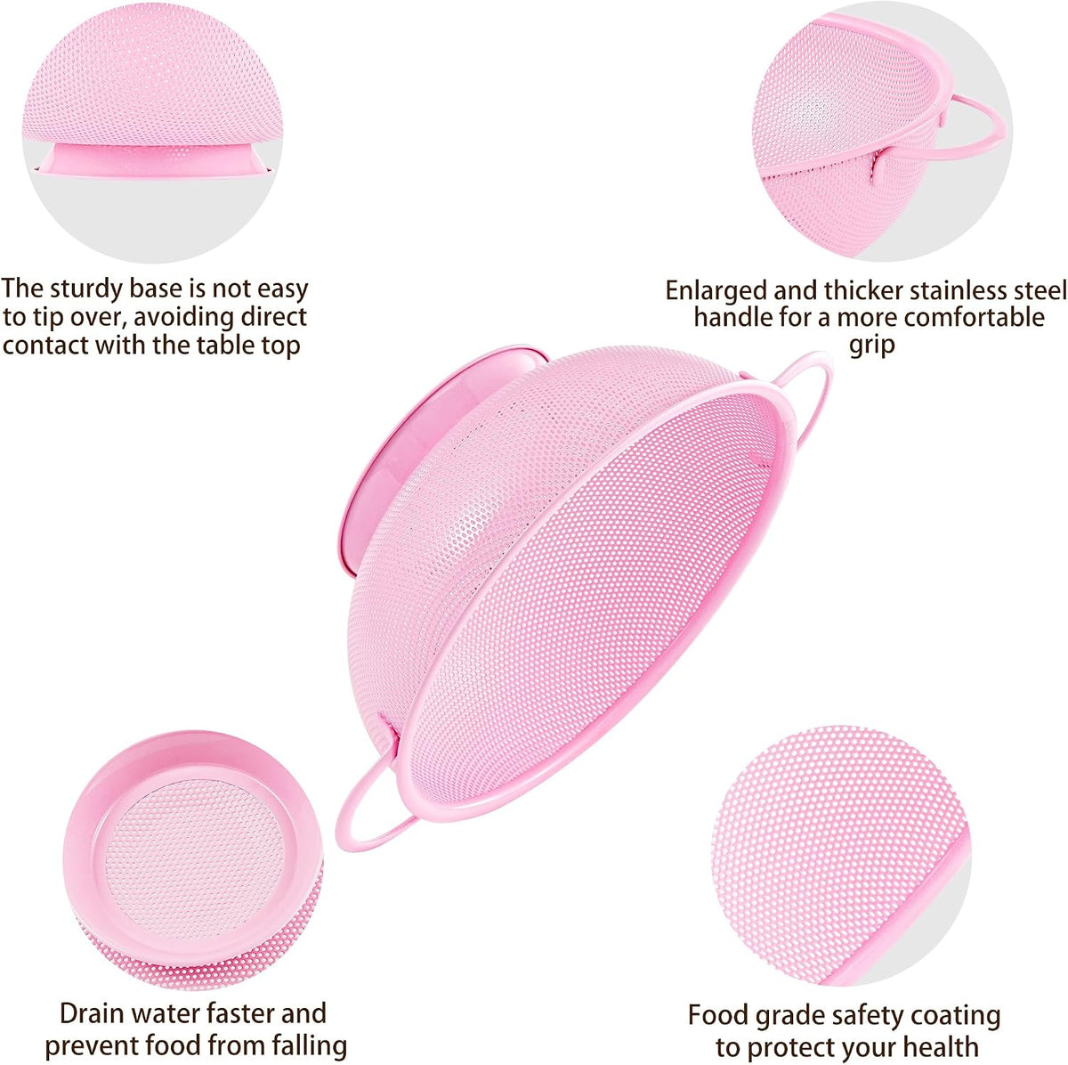Stainless Steel Colander 3 Piece,Metal Strainer Basket with Solid Base and Handles for Kitchen Food,Pasta, Noodles, Vegetables and Fruits,Powder Coated,BPA Free,Dishwasher Safe,2 & 3 & 4.5 Qt (Pink)