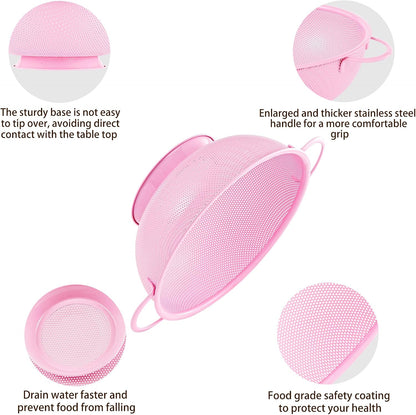 Stainless Steel Colander 3 Piece,Metal Strainer Basket with Solid Base and Handles for Kitchen Food,Pasta, Noodles, Vegetables and Fruits,Powder Coated,BPA Free,Dishwasher Safe,2 & 3 & 4.5 Qt (Pink)