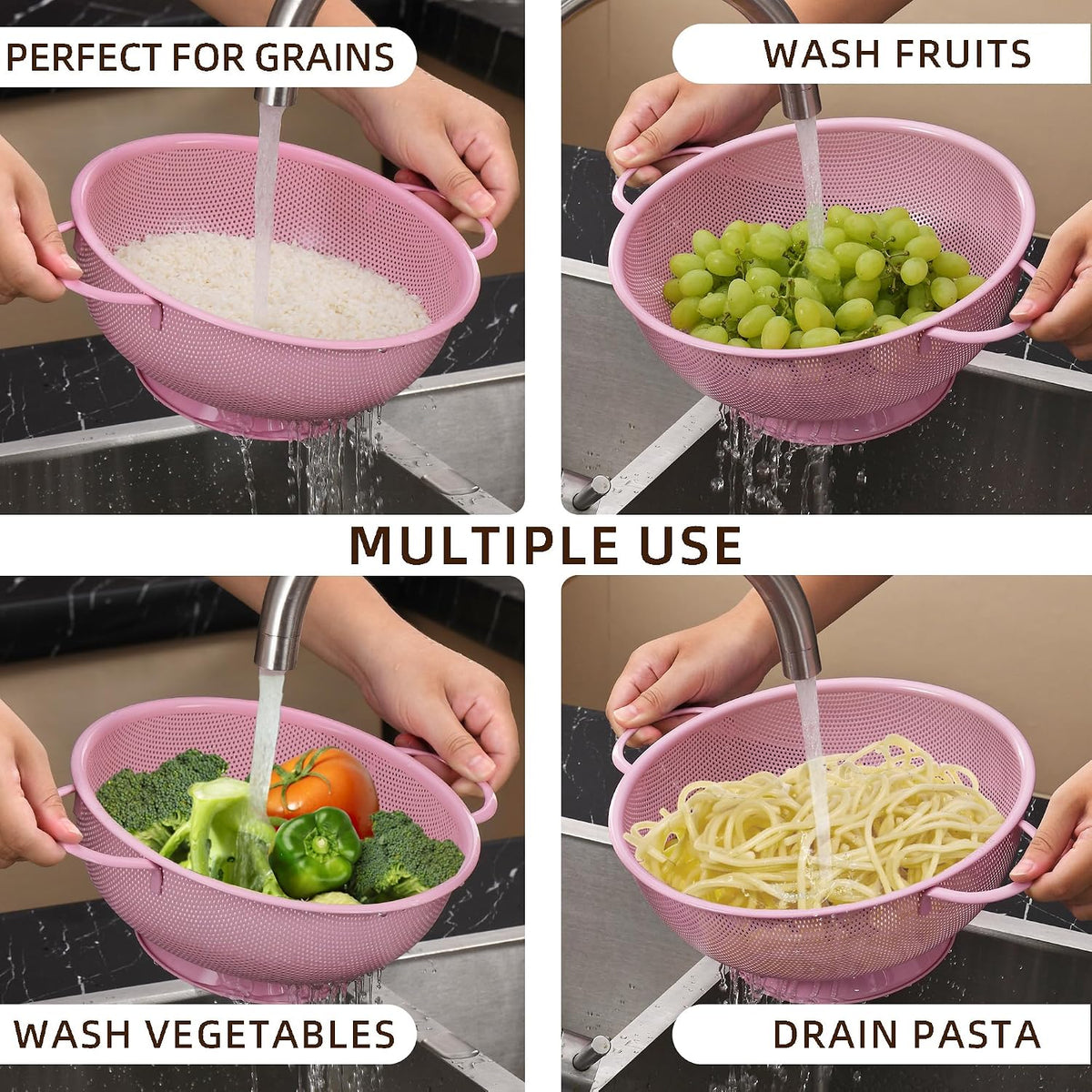 Stainless Steel Colander 3 Piece,Metal Strainer Basket with Solid Base and Handles for Kitchen Food,Pasta, Noodles, Vegetables and Fruits,Powder Coated,BPA Free,Dishwasher Safe,2 & 3 & 4.5 Qt (Pink)