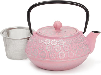 Cast Iron Tea Kettle - Stainless Steel Infuser & Loose Leaf Tea Steeper - Heat Retention in Pink Cast Iron Kettle - 34 oz